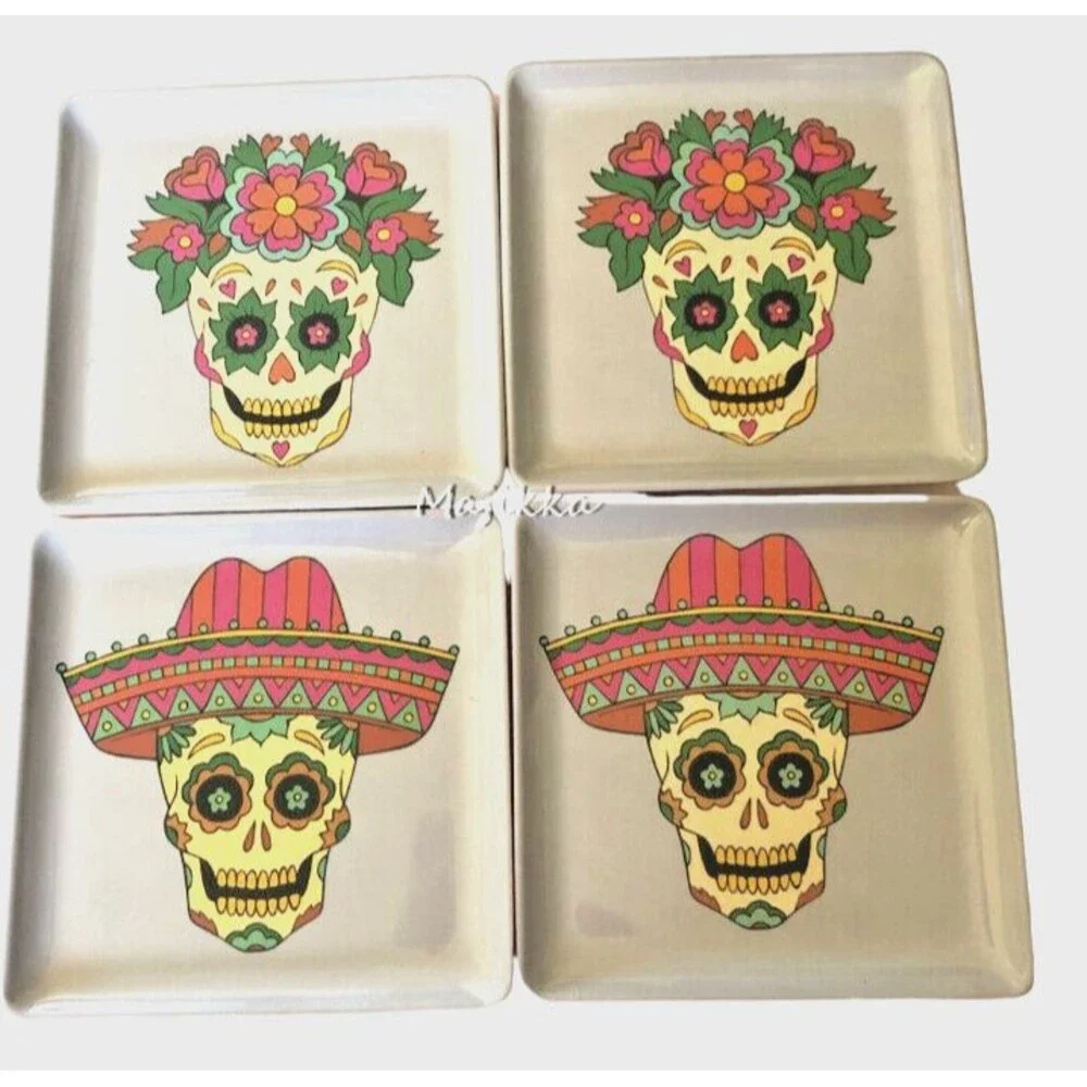 13th &Elm Day Of The Dead Skull Halloween Melamine Plates App Girl Boy Set Of 4